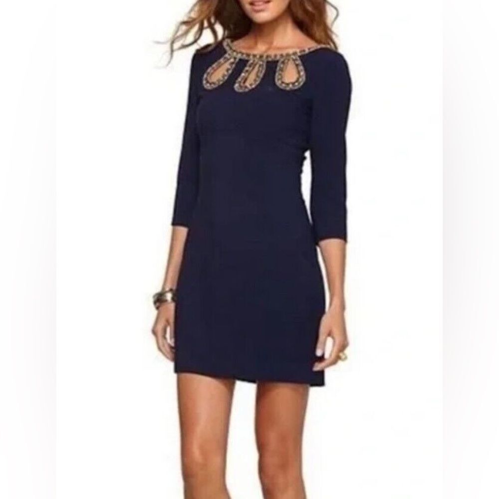 Lilly Pulitzer Bronte Shift Dress Beaded Neckline Retro Dress True Navy Size 6